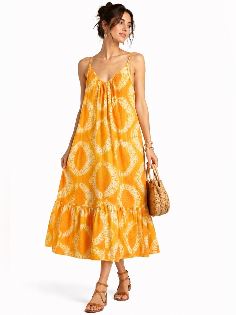 Electric & Rose Laney Yellow Tie Dye Boho Maxi Dress L Spaghetti Strap Summer